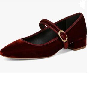 XYD Burgundy Low Heel Chunky Mary Jane Pumps Square Toe Buckled Strap Daily Shoe
